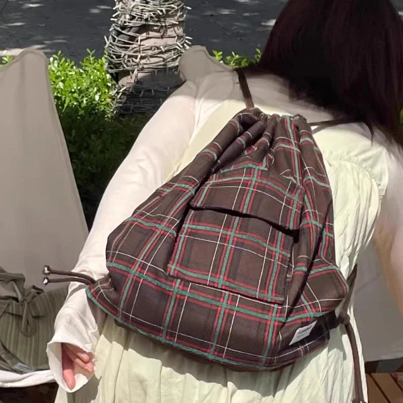 Drawstring Vintage Pleated Backpacks Y2k Aesthetic Plaid Grunge Shoulder Bags High-capacity Harajuku Handbags Crossbody