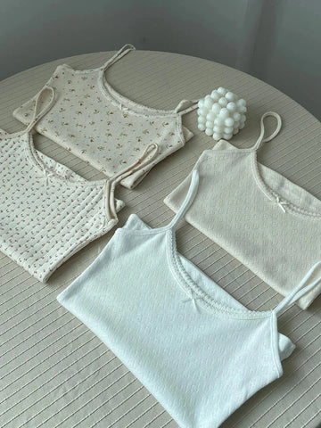 Floral Eyelet Bow Cotton Crop Tops Lace Trim Sleeveless Slim Tank Top Preppy Style Sweet Camisole Y2k Clothes