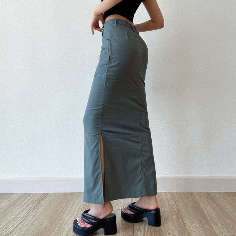 Casual Pocket Cargo Pencil Skirt Vintage Y2K All-match Solid Chic Side Slit Wrap Hip Long Skirt Streetwear