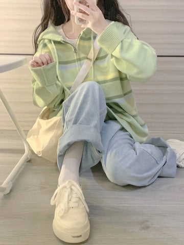 Y2k Aesthetic Stripe Hoodes Cardigans Double Zipper Casual Knitwear Harajuku Ladies Jacket Vintage Loose Grunge Sweater