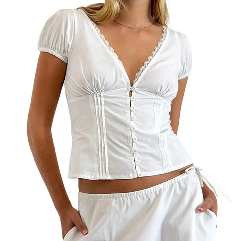Coquette Shirt y2k Clothes Deep V Neck Lace Trim Single Breasted Short Sleeve Blouse Crop Top Club Streetwear