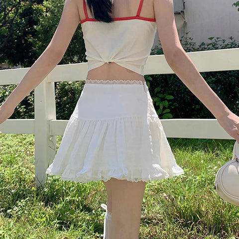 y2k Skirt Coquette Clothes White Lace Trim Low Rise Flowy A Line Short Skirts 2000s Fairycore Skirt Streetwear