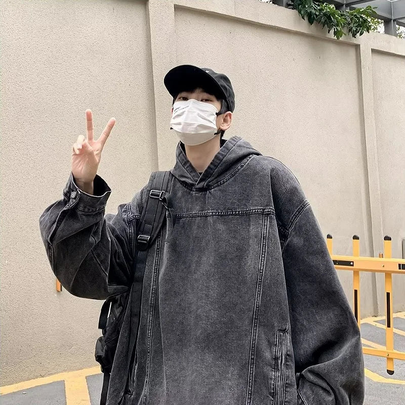 American Washed Retro Denim Hoodie Design Sense Hooded Y2k Harajuku And Winter Trend Heavy Oversize Coat