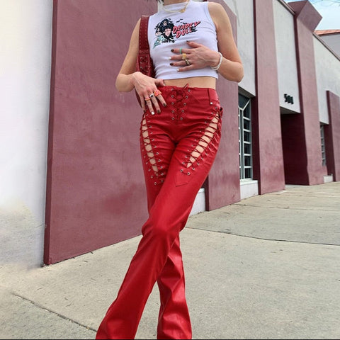 Lace Up PU Leather Pants Chic High Waist Hollow Out Y2K Drawstring Bandage Cut Out Gothic Faux Leather Trousers