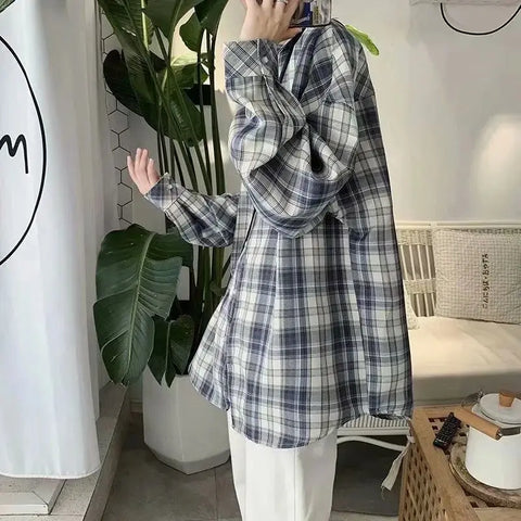 Turn-down Collar Long Sleeve Plaid Blouse Clothing Korean All-match Simplicity Button Y2K Shirts