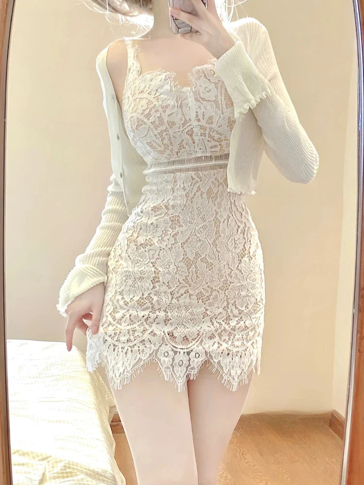 Voguable  Elegant Lace Clothing Suit Woman Korean 2 Piece Set Slim Y2k Mini Dress + Casual Short Cardigan Office Lady