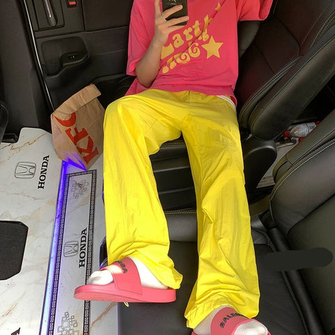 American Trend Y2k Parachute Casual Pants Baggy Solid Color Quick Drying Cargo Pants Waterproof Ice Silk Straight Trousers