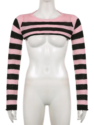Voguable  Pink Contrast-paneled Crop Smock Top Y2K Aesthetic Cute Knitted Long Sleeve Pullover for Sweater Vintage Clothes