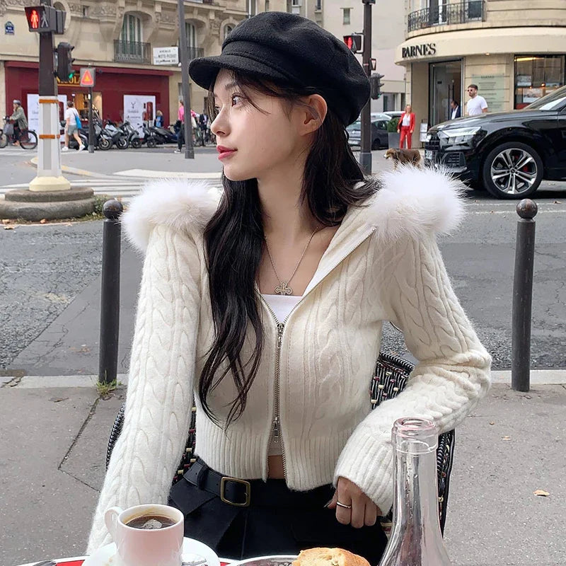 Voguable Furry Hooded Sweaters Coat Winter Casual Hoodie Y2K Zipper Cropped Sweater Jacket Korean FeKnitwear