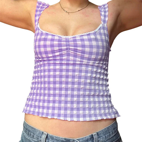 y2k Tops for Fairycore Clothing Plaid Print Lace Trim Sleeveless Tanks T Shirts 2000s Clothing Streetwear