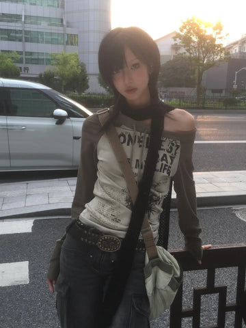 Japanese Y2k Off Shoulder T-shirt Grunge Aesthetics Graffiti Print Long Sleeve Tee Shirt Vintage Harajuku Streetwear 90s