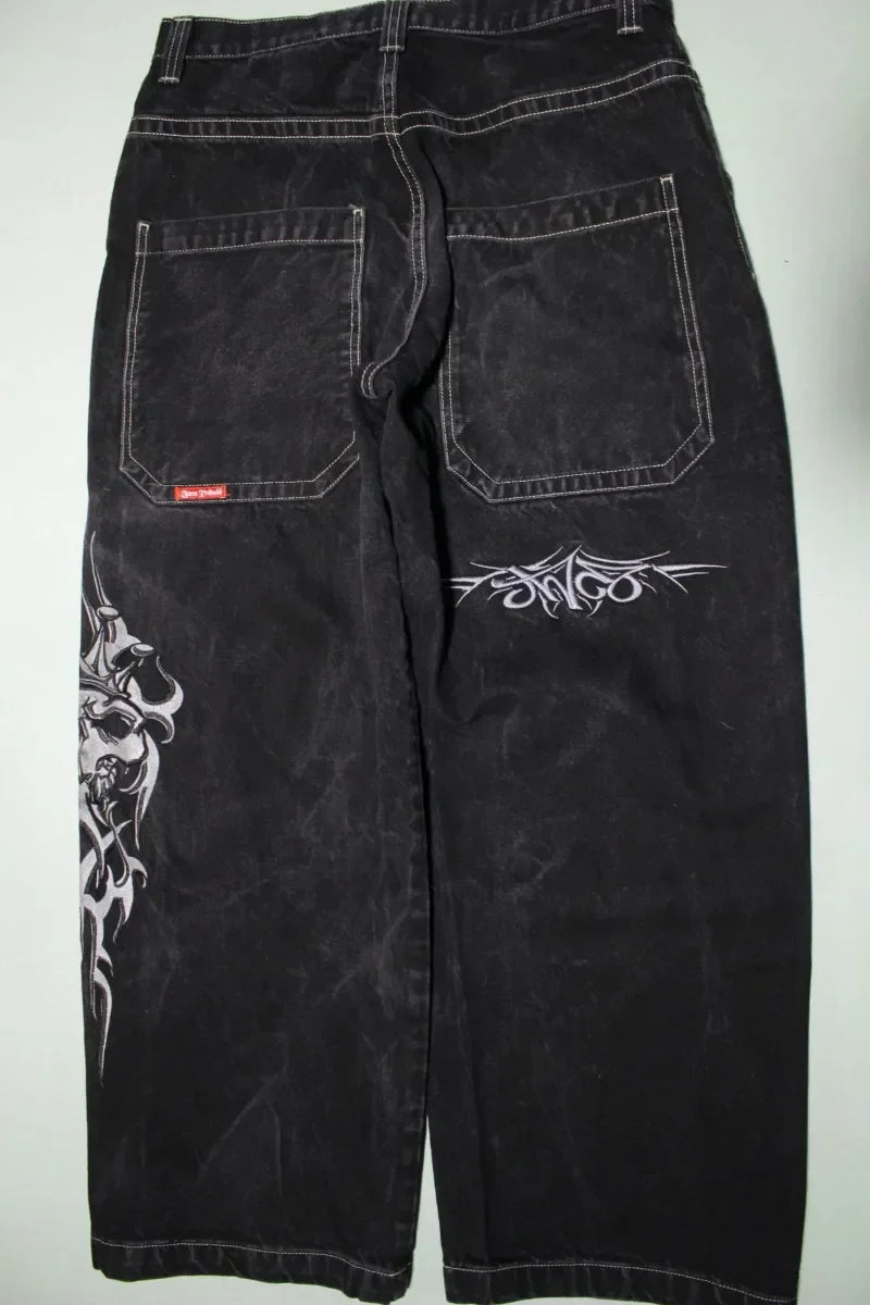 Vintage Raw Edge Embroidery Denim Pants Streetwear Distressed Patchwork Baggy Jeans for Y2k Straight Wide Leg Trousers