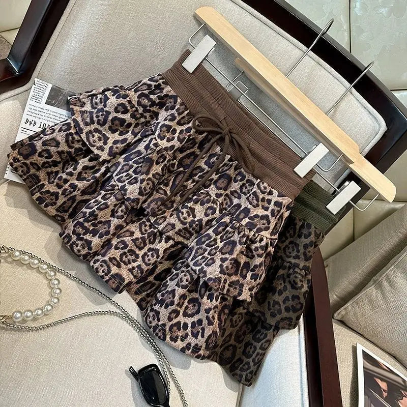 American Leopard Print Fluffy Skirts Y2K High Waist Ruffles Mini Skirts Sweet Preppy All Match A Line Skirt
