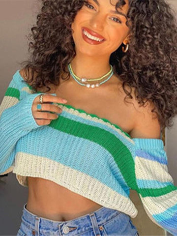 Voguable Knitted Y2K Clothes Crop Top Colored Striped Off The Shoulder T shirts Long Sleeve Trendy Short WoTops