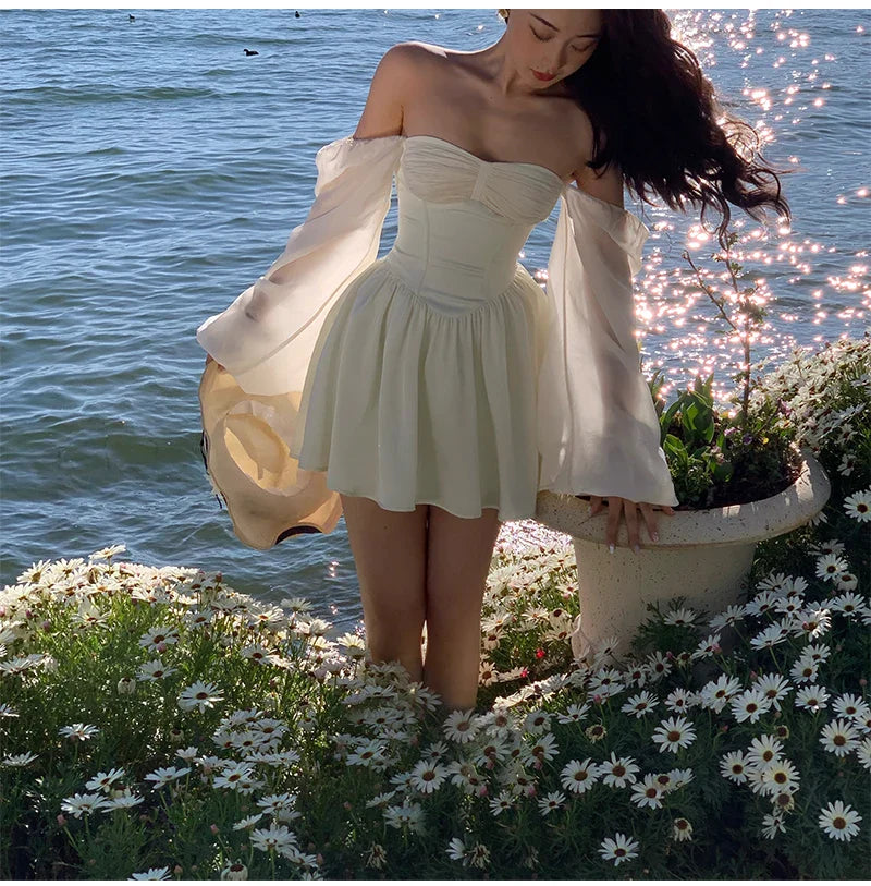 Voguable White Bubble Sleeve Dress Niche Design Pure Princess Skirt Girl Elegantes Party Prom Vintage Evening Y2k
