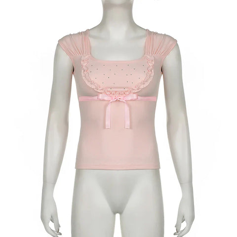 Voguable Y2K Rhinestone Frill Edge Bow T-shirt Pink Kawaii Japanese Lolita Casual Square Collar Short Sleeve Top Coquette Tees