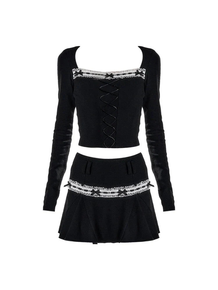 Voguable Dark Academia Y2k 2000s Aesthetic Rave Night Club Outfits 2 Piece Set Long Sleeve T-Shirts Crop Tops + Mini Pleated Skirts