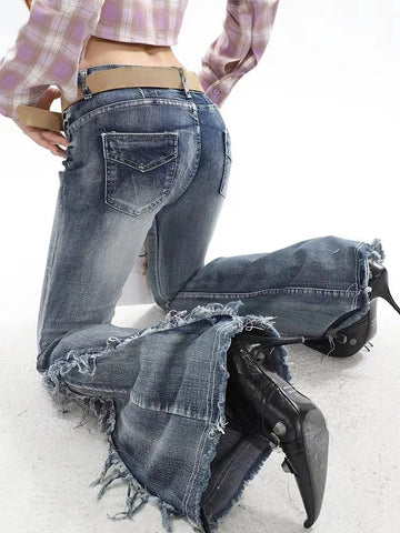 Voguable American Retro Y2K Flare Jeans Scratched Slim Bell Bottoms Gyaru Denim Pant  Raw Edge Trousers Hip Hop High Street