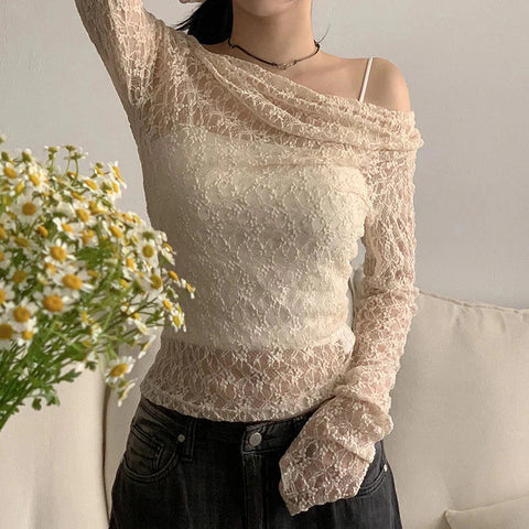 Transparent Lace Crop Top Asymmetrical Off-shoulder Long Sleeve Smock T-shirts Casual Tees y2k Vintage Tees