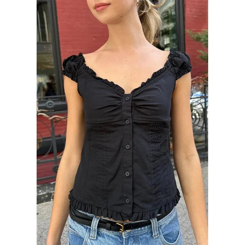 y2k Tank Top Clothes Solid Color Cap Sleeve Button Down Slim Fit Frill T Shirt 2000s Vest Streetwear