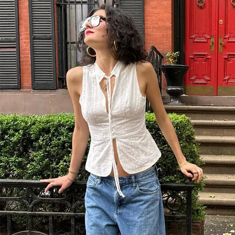 y2k Tank Top Clothes White Flower Embroidery Mock Neck Front Cutout Sleeveless T Shirt Vest Streetwear