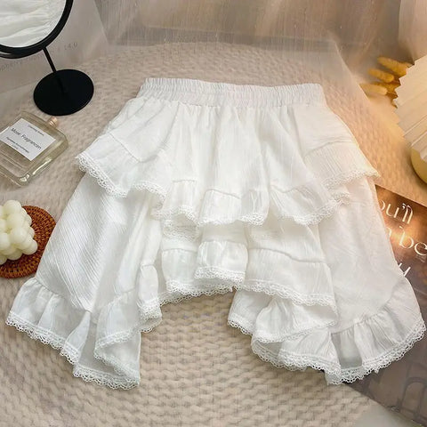 Voguable Elastic Waist White Black Irregular Mini Kawaii Skirt Japanese Style School Y2k Aesthetic Ruffles Short Skirt Streetwear