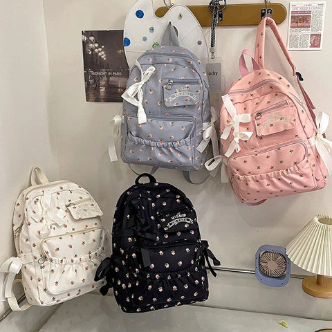 Korean Bow Chic Flower Print Backpack High-capacity Sweet Kawaii Schoolbags Casual Preppy Y2k Students Backpacks