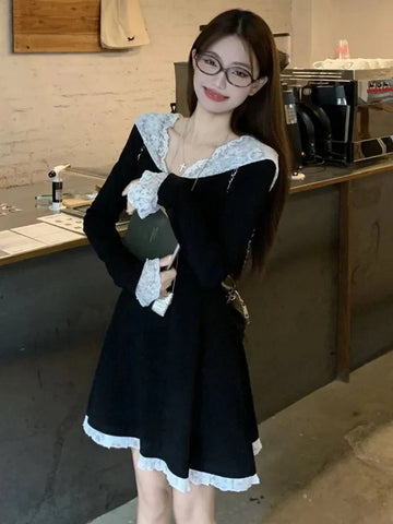 French Lace Patchwork Y2K Dress Hooded Long Sleeves Slim Waist A-Line Short Skirt Chic Vestidos
