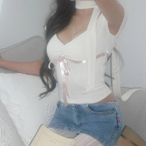 Voguable Coquette Contrast Bow Folds Cropped Top White Pink Short Sleeve Slim-fitting Short Sleeve T-shirt Y2K