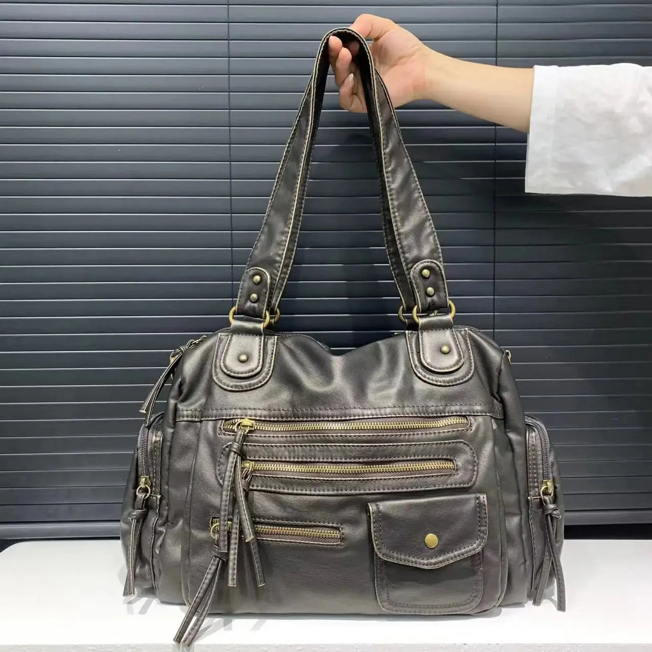 Y2K Girl Single Shoulder Crossbody Bag Vintage Washed Leather Motorcycle Bag Large Capacity Multi Pocket Bag