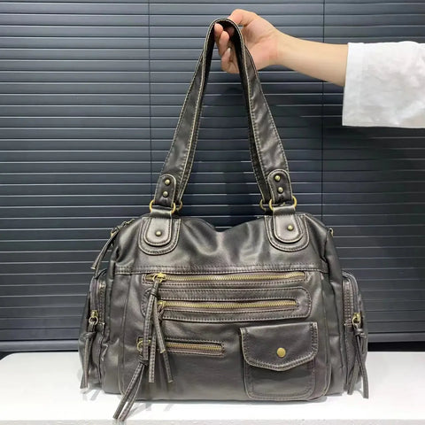 Y2K Girl Single Shoulder Crossbody Bag Vintage Washed Leather Motorcycle Bag Large Capacity Multi Pocket Bag