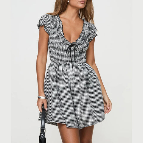 Y2k Gingham Playsuit Short Sleeve Smocked Babydoll Bodysuit Rompers Flowy A-Line Club Dress Retro Streetwear