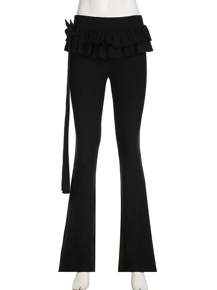 Voguable Black Lace Up Ruffled Skirt Pants Low Waist Coquette Y2K Streetwear Wide Leg Trouser Flare Pants Harajuku