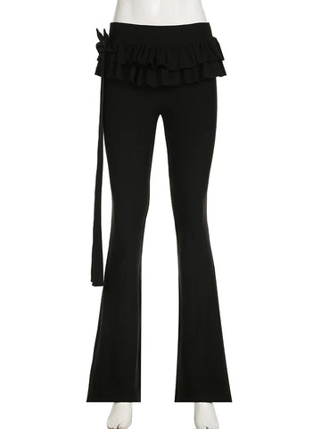 Voguable Black Lace Up Ruffled Skirt Pants Low Waist Coquette Y2K Streetwear Wide Leg Trouser Flare Pants Harajuku