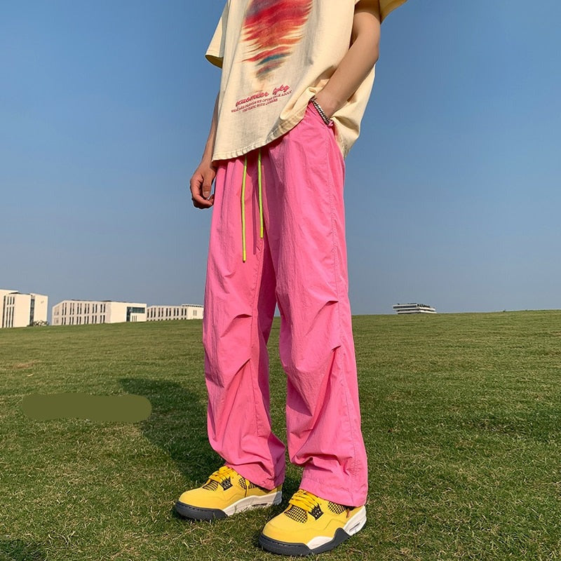 American Trend Y2k Parachute Casual Pants Baggy Solid Color Quick Drying Cargo Pants Waterproof Ice Silk Straight Trousers