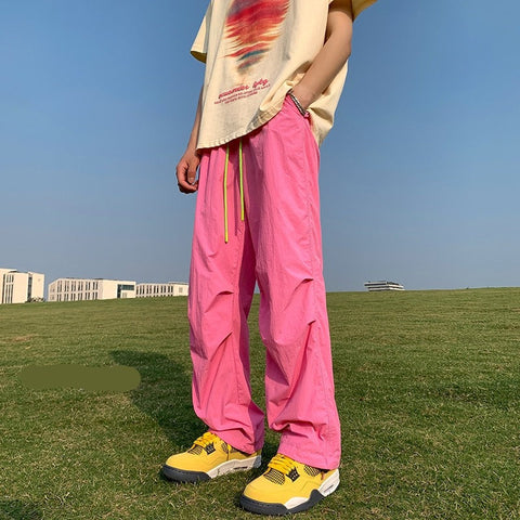 American Trend Y2k Parachute Casual Pants Baggy Solid Color Quick Drying Cargo Pants Waterproof Ice Silk Straight Trousers