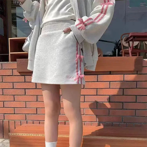 Voguable 2 Piece Skirt Sets FeY2k Clothing Zipper Bow Sweet Korean Hoodie Suits Studentseven Party Outwear