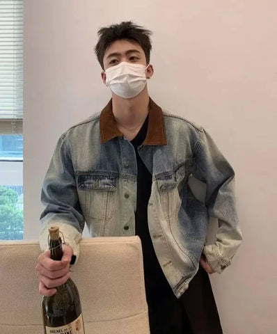 and Style Distressed Denim Jacket Korean Style Premium Contrast Color Casual Lapel Clothing Y2k