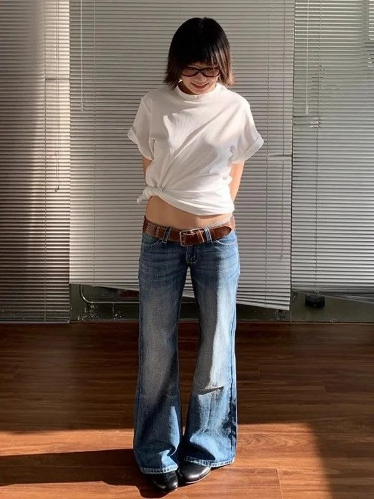 American Retro High Street Spicy Girls Low Waist Jeans Vintage Y2k Harajuku Baggy Solid Slim Denim Flared Pants