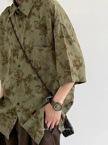 Harajuku Y2K Shirt Loose Vintage Print Streeetwear Blouse Oversize Half Sleeve FeCasual Retro Japan Bf Tops New