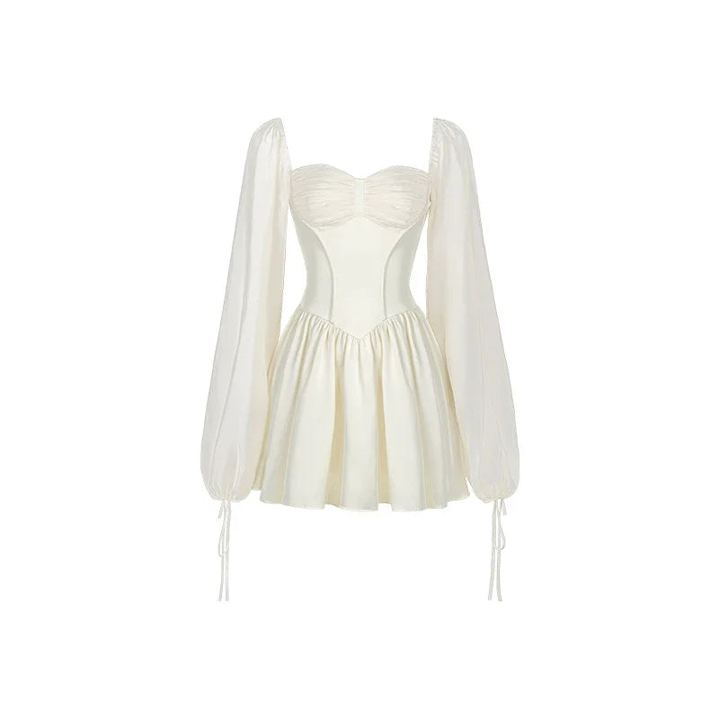 Voguable White Bubble Sleeve Dress Niche Design Pure Princess Skirt Girl Elegantes Party Prom Vintage Evening Y2k