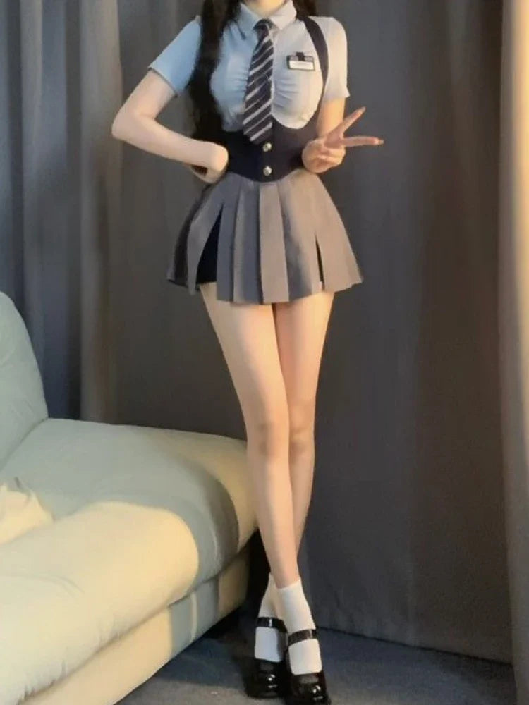 Voguable College Style JK Uniform Set Slim Shirt with Striped Tie Y2K Girls High Waist A- Line Pleated Skirt Suit
