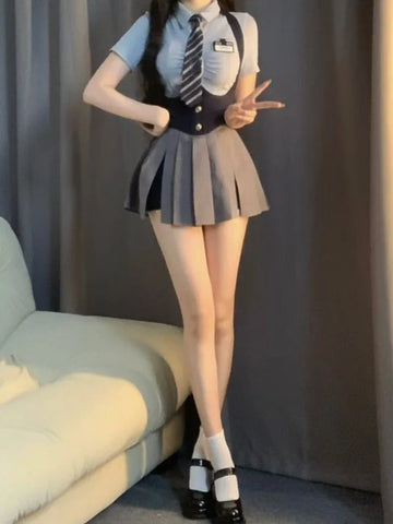 Voguable College Style JK Uniform Set Slim Shirt with Striped Tie Y2K Girls High Waist A- Line Pleated Skirt Suit