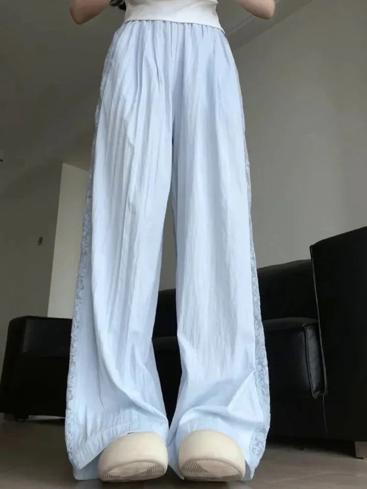 Sweet Lace Patchwork White Pants Y2K High Waist Preppy Thin Wide Leg Pants Korean Chic Loose Jogging Quick Drying Trousers New