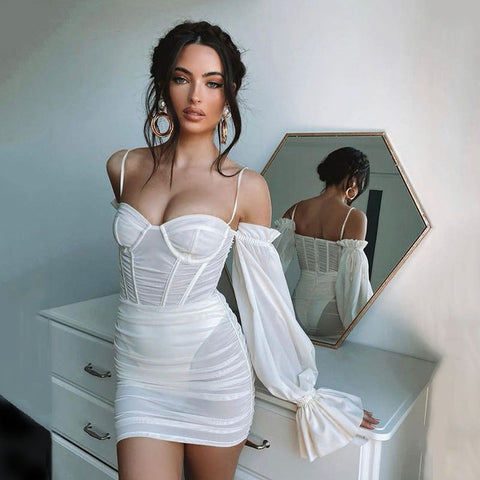 Voguable  Spaghetti Strap Long Lantern Sleeves Ruched Mini Dresses Woman Y2k Mesh Vintage Dress Club Party Vestidos