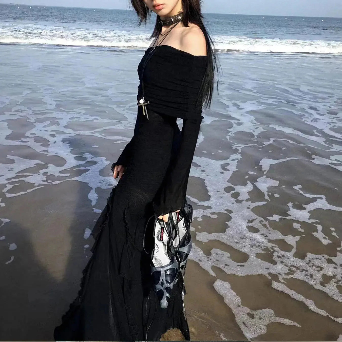 French Elegant Off Shoulder Midi Dress Y2K Black Gothic Irregular Split Long Sleeve Dress Ladies Beach Slim Party Vestidos