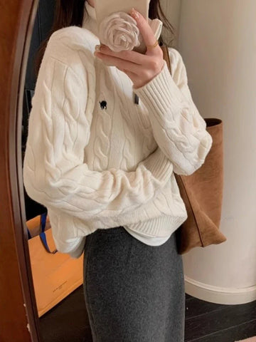 Voguable  Y2k Vintage Streetwear Knitted Pullovers Korean Style Casual Losse Zipper Solid Embroidery Sweater