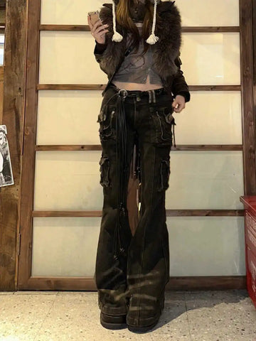 Korean Chic Jeans Grunge Japanese Harajuku Gyaru Y2K Denim Cargo Pants Cyber Punk Hip-pop 2000s Aesthetic Tomboy