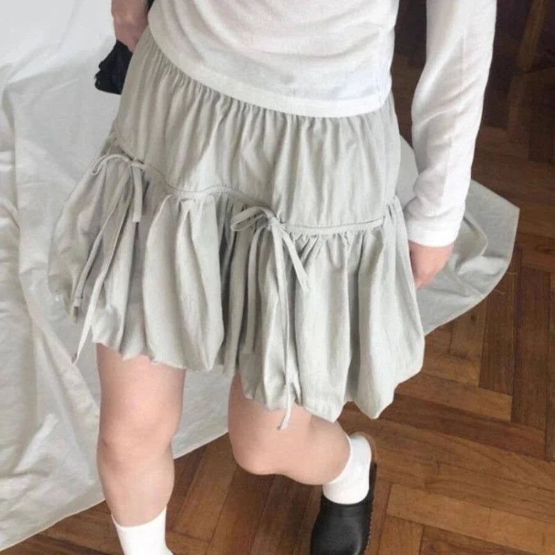 Y2k Bubble Mini Skirt Elastic Waist Ruffle Flare Puffy Skirt High Rise Cute Pleated Lace-up Bow Tie Lantern Short Skirt