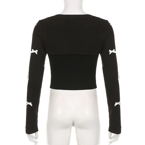 Voguable Sweet Multi-bow Jacquard Knit Pullovers and Cami Two Piece Set y2k Aesthetic Lace Patchwork Crop Top Suit